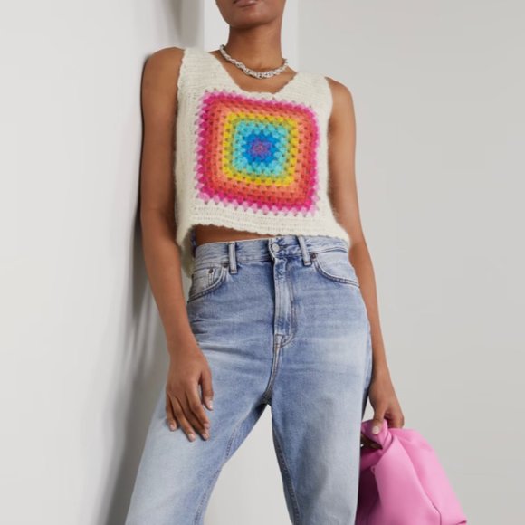Rose Carmine Tops - Rose Carmine Cropped Crochet Mohair Blend Top Sleeveless Rainbow Size 1 XS Small